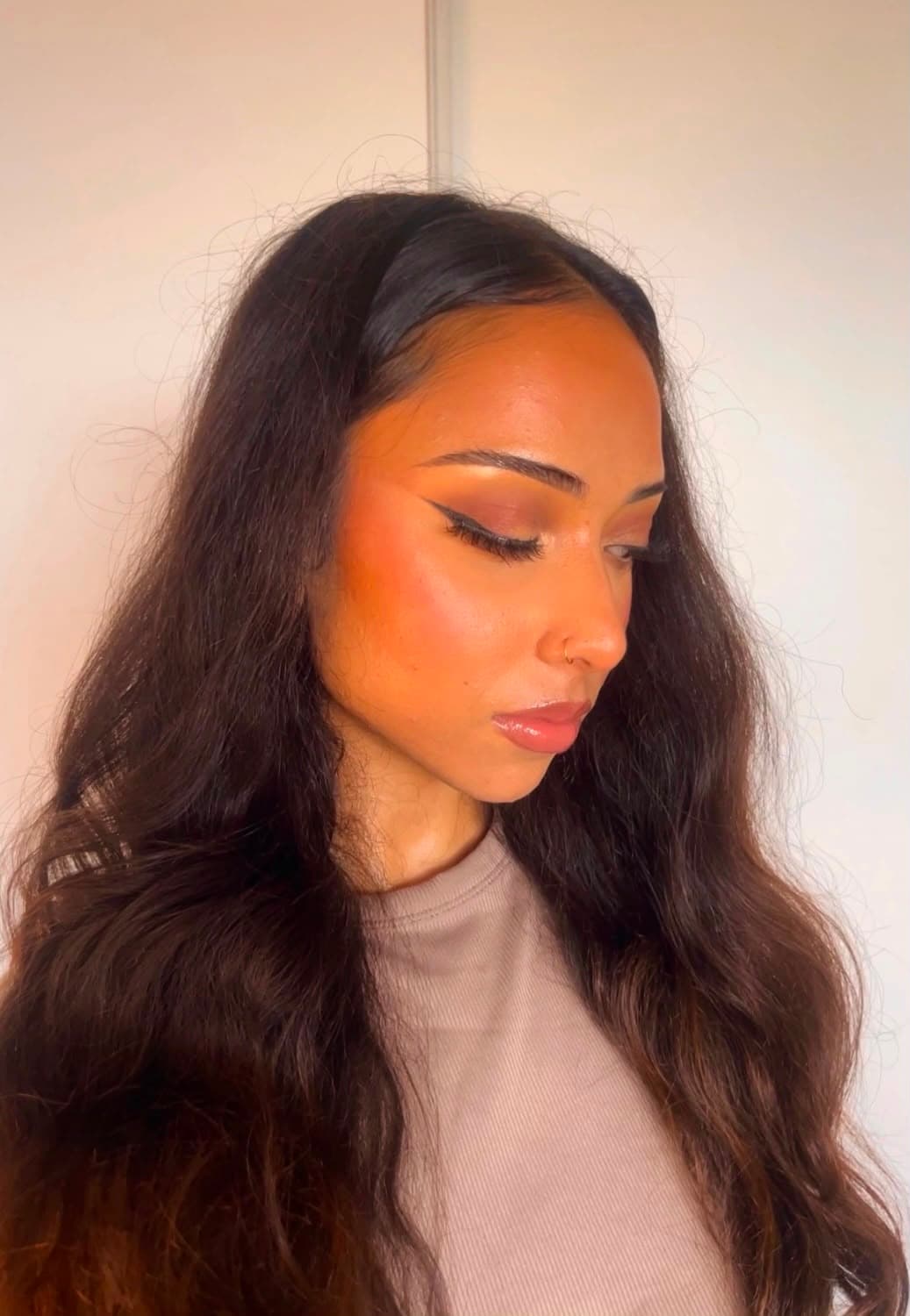 Zara glam look eyes closed — bronze eyeshadow detail by Ottawa artist Zara